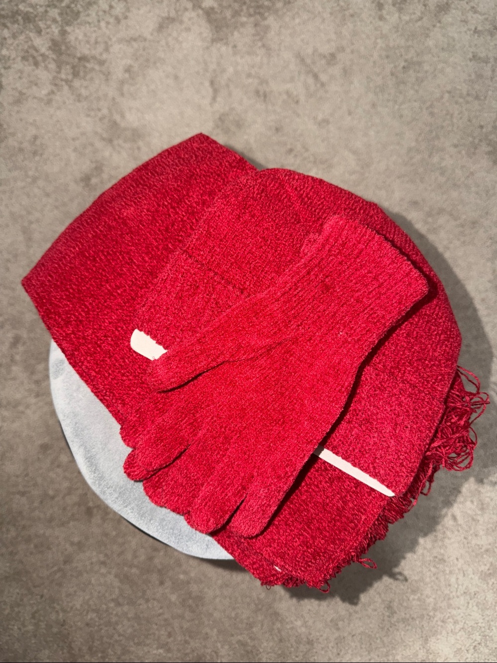 NWOT Covington Red Fringe Scarf, beanie and gloves  for Women